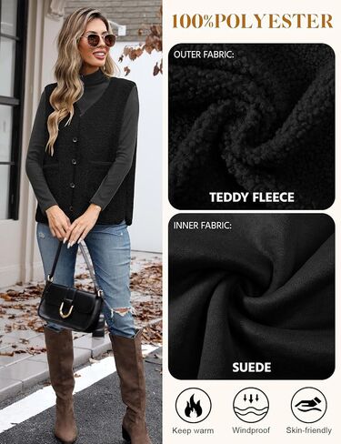 Women's Fleece Vests Button Warm Sleeveless Coat Vest Fall Fuzzy Lightweight Jackets Winter Soft Outerwear with Pockets in Saudi Arabia