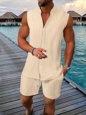 Men's Solid Color Textured Shirt Casual Henley Neck Sleeveless Top Shorts Beach 2pcs Set in Kuwait