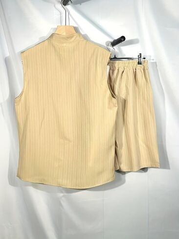 Men's Solid Color Textured Shirt Casual Henley Neck Sleeveless Top Shorts Beach 2pcs Set in Kuwait