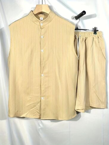 Men's Solid Color Textured Shirt Casual Henley Neck Sleeveless Top Shorts Beach 2pcs Set in Kuwait