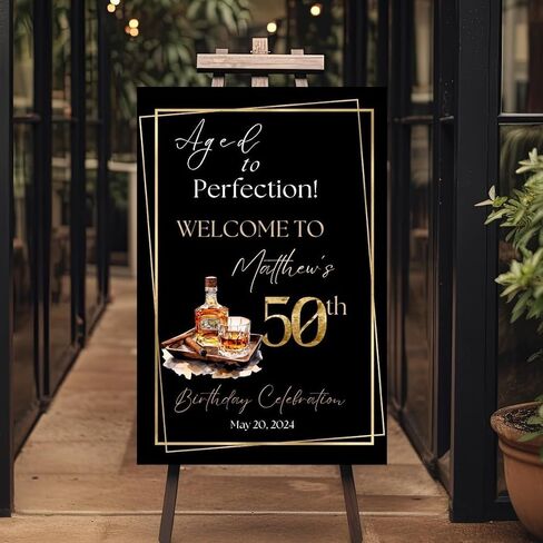 Personalized Any Age Birthday Sign, Cigar & Whiskey Party Welcome Poster, Aged to Perfection 50th Black Celebration Sign, Custom Birthday Decoration (Multi 2) in Kuwait