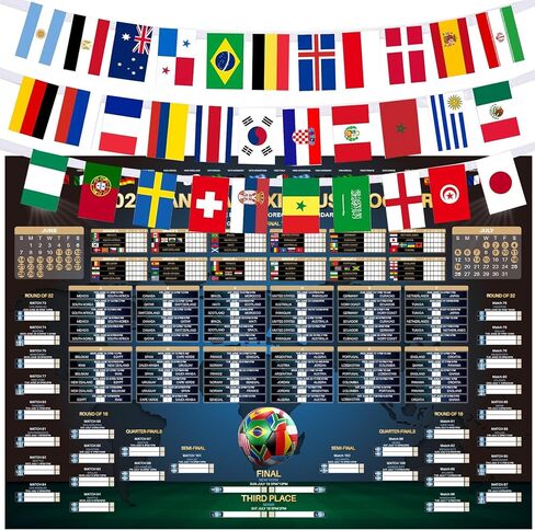 Dreasmt 2026 World Soccer Wall Chart Schedule Poster & 32 Countries String Flag Banner Set, Soccer 2026 Tournament Schedule and Team Info Chart Poster Soccer Fan Decor in Kuwait