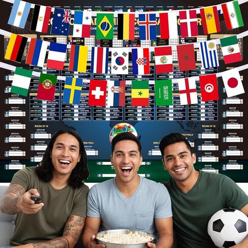 Dreasmt 2026 World Soccer Wall Chart Schedule Poster & 32 Countries String Flag Banner Set, Soccer 2026 Tournament Schedule and Team Info Chart Poster Soccer Fan Decor in Kuwait