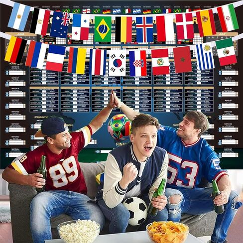 Dreasmt 2026 World Soccer Wall Chart Schedule Poster & 32 Countries String Flag Banner Set, Soccer 2026 Tournament Schedule and Team Info Chart Poster Soccer Fan Decor in Kuwait