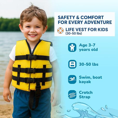 نايلون نيوبرين للأطفال من MW Watersports، سترة نجاة معتمدة من USCG للأطفال، رائعة لركوب القوارب وصيد الأسماك والأنابيب والرياضات المائية الأخرى. (أصفر/أسود، 30-50 رطلاً) in Kuwait