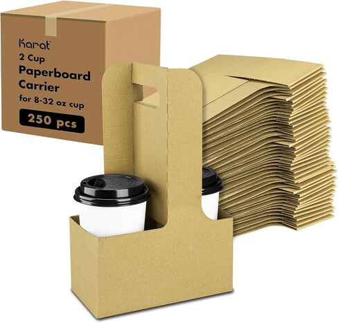 Karat Paperboard Drink Carrier with Handle - Sturdy Kraft Coffee Cup Carrier for Hot/Cold Beverages, Fits 10-32 oz Cups - Eco-Friendly, Disposable to-Go Drink Holder (2-Cup) in Kuwait