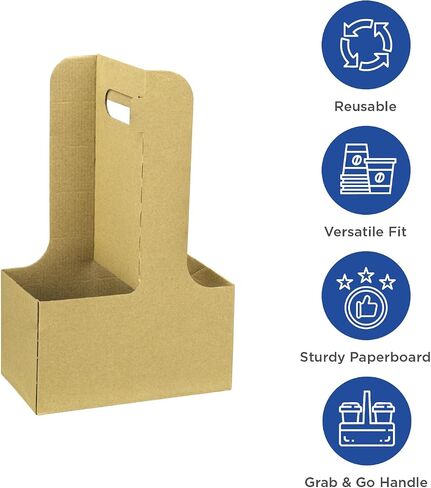 Karat Paperboard Drink Carrier with Handle - Sturdy Kraft Coffee Cup Carrier for Hot/Cold Beverages, Fits 10-32 oz Cups - Eco-Friendly, Disposable to-Go Drink Holder (2-Cup) in Kuwait
