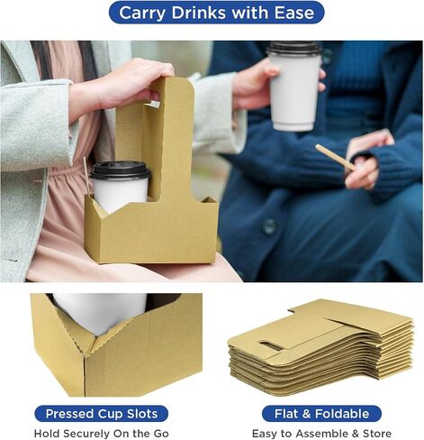 Karat Paperboard Drink Carrier with Handle - Sturdy Kraft Coffee Cup Carrier for Hot/Cold Beverages, Fits 10-32 oz Cups - Eco-Friendly, Disposable to-Go Drink Holder (2-Cup) in Kuwait