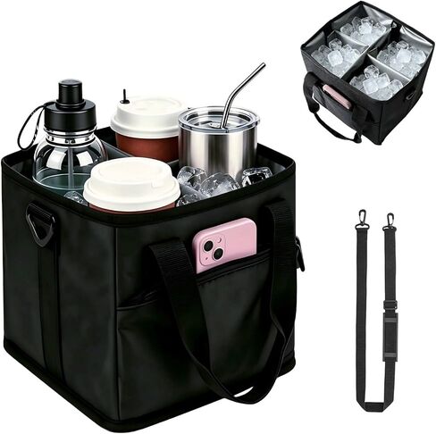 4 Cup Drink Carrier with Insulated Design - Collapsible Beverage Caddy with Adjustable Dividers & Shoulder Strap - Reusable Coffee Holder Tote Bag for Delivery, Travel & Car - No-Spill Drink Holder in Kuwait