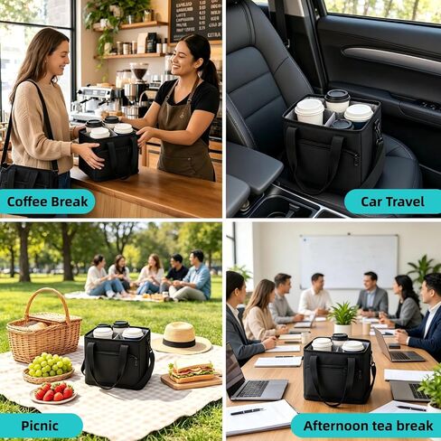 4 Cup Drink Carrier with Insulated Design - Collapsible Beverage Caddy with Adjustable Dividers & Shoulder Strap - Reusable Coffee Holder Tote Bag for Delivery, Travel & Car - No-Spill Drink Holder in Kuwait
