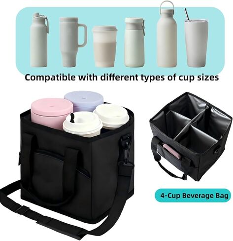 4 Cup Drink Carrier with Insulated Design - Collapsible Beverage Caddy with Adjustable Dividers & Shoulder Strap - Reusable Coffee Holder Tote Bag for Delivery, Travel & Car - No-Spill Drink Holder in Kuwait