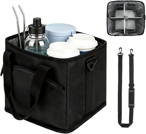 4 Cup Drink Carrier with Insulated Design - Collapsible Beverage Caddy with Adjustable Dividers & Shoulder Strap - Reusable Coffee Holder Tote Bag for Delivery, Travel & Car - No-Spill Drink Holder in Kuwait