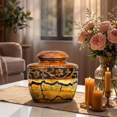 Cremation Urn for Human Ashes Keepsake with Threaded Lid - Funeral Memorial Urns for Ashes - Natural Mix Wood Burning Urn in Kuwait