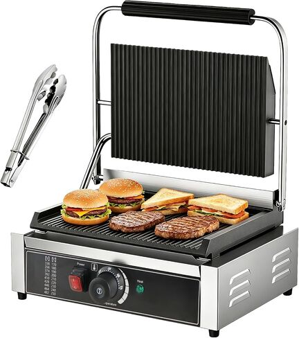 CTJ Commercial Panini Press 2200W Electric Sandwich Maker, 14"x11" Stainless Steel Panini Grill with Grooved Plates and Temp Control for Sandwich Burger Steak Bacon, Home & Restaurant Use in Kuwait