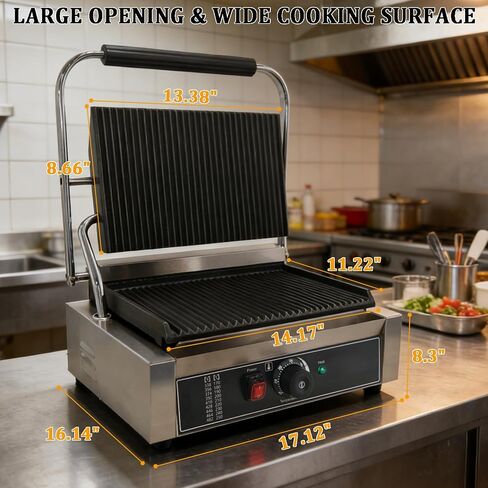 CTJ Commercial Panini Press 2200W Electric Sandwich Maker, 14"x11" Stainless Steel Panini Grill with Grooved Plates and Temp Control for Sandwich Burger Steak Bacon, Home & Restaurant Use in Kuwait