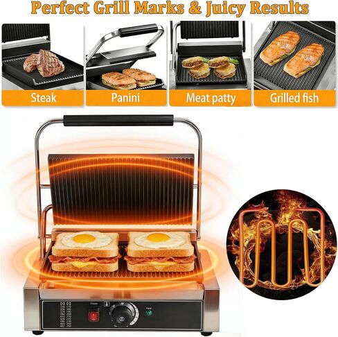CTJ Commercial Panini Press 2200W Electric Sandwich Maker, 14"x11" Stainless Steel Panini Grill with Grooved Plates and Temp Control for Sandwich Burger Steak Bacon, Home & Restaurant Use in Kuwait