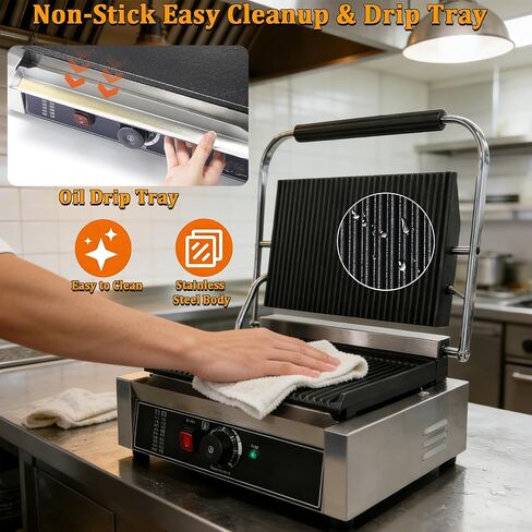 CTJ Commercial Panini Press 2200W Electric Sandwich Maker, 14"x11" Stainless Steel Panini Grill with Grooved Plates and Temp Control for Sandwich Burger Steak Bacon, Home & Restaurant Use in Kuwait