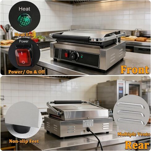 CTJ Commercial Panini Press 2200W Electric Sandwich Maker, 14"x11" Stainless Steel Panini Grill with Grooved Plates and Temp Control for Sandwich Burger Steak Bacon, Home & Restaurant Use in Kuwait