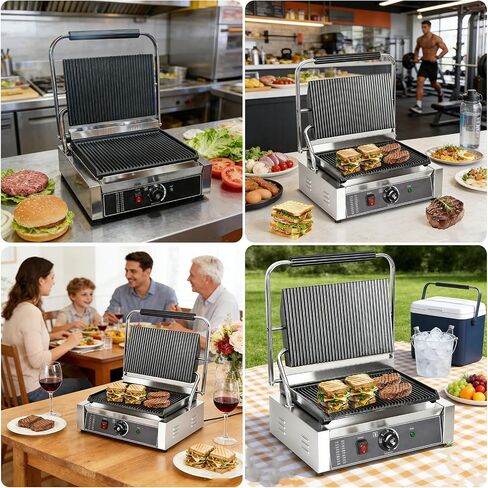 CTJ Commercial Panini Press 2200W Electric Sandwich Maker, 14"x11" Stainless Steel Panini Grill with Grooved Plates and Temp Control for Sandwich Burger Steak Bacon, Home & Restaurant Use in Kuwait