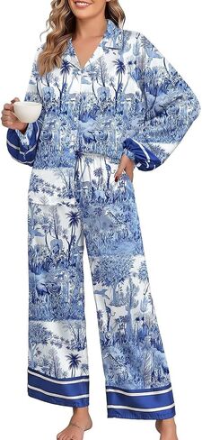 Jusfitsu Women's Silk Satin Pajama Sets for Women 2 Piece Button Down Pjs Set Oversized Long Sleeve Animal Print Sleepwear in Saudi Arabia