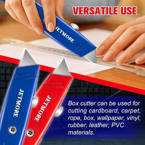 JETMORE 2 Pack Box Cutter قابل للسحب، سكين متعدد الاستخدامات مع 10 شفرات إضافية، قواطع صناديق شديدة التحمل، فتاحة علب سكاكين الحلاقة المعدنية بالكامل، سكين صندوق للكرتون، الصناديق، الكرتون، الحوائط الجافة، فتاحة العبوات in Kuwait