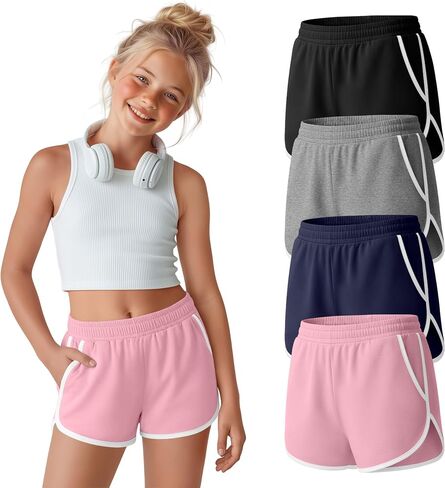 4 Pack Girls Shorts Summer Athletic Workout Elastic Waist Kids Tween Casual Active Dolphin Shorts with Pockets in Saudi Arabia