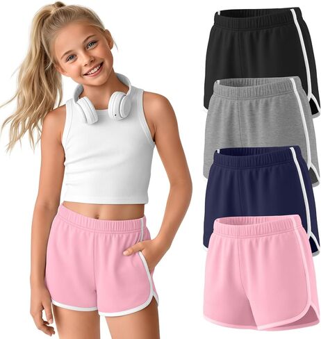 4 Pack Girls' Shorts 5-14Y Teen Athletic Summer Running Dolphin Trousers Pocket Kids High Waist Workout Gym Clothes in Saudi Arabia