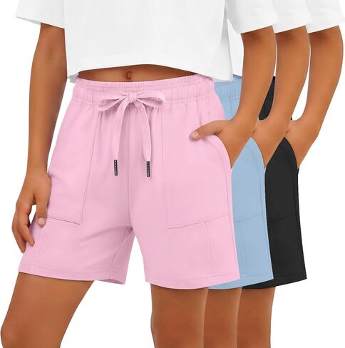 3 Pack Girls’ Shorts Baggy Wide Leg Sweatshort Kids Elastic Drawstring Summer Athletic Casual Shorts with Pockets in Kuwait