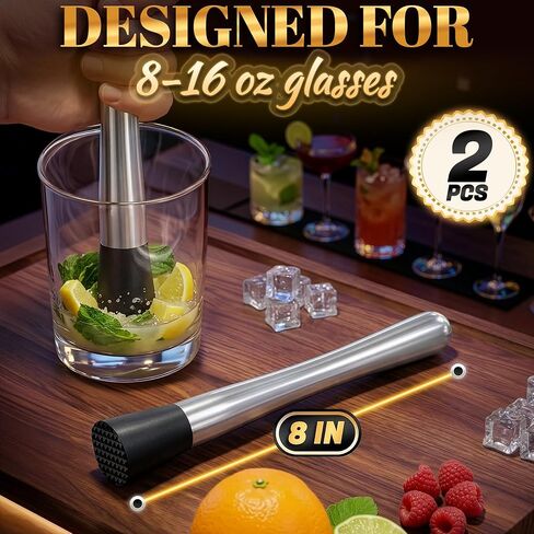 2 Pcs Bar Muddler for Cocktails – 8" Stainless Steel Cocktail Muddler for Lemonade, Essential Bar Supplies and Accessories – Lemon Smasher & Fruit Smasher for Drinks Mixing & Lemonade Stand Supplies in Kuwait