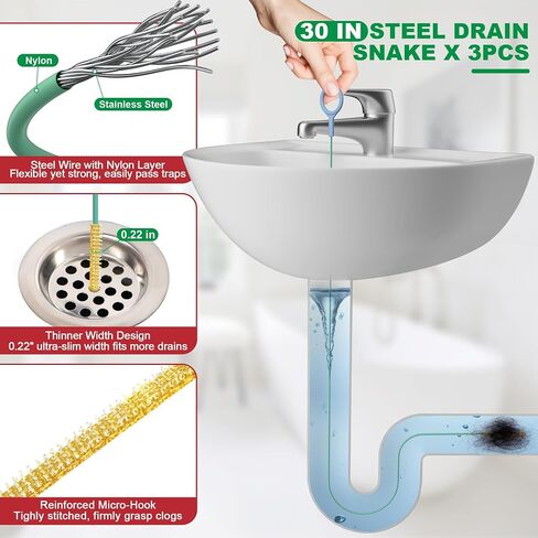 مجموعة EastLink Drain Snake 18: مزيل سدادة الصرف 35.5 بوصة (x1)، ثعبان شعر فولاذي 30 بوصة (x3)، ثعبان حوض الحيوانات الأليفة 30 بوصة (x3)، فرشاة تصريف أنبوبية 59 بوصة (x2)، فرشاة تنظيف فتحة المجفف 17 بوصة (x1)، فرشاة تنظيف القش (x8) in Kuwait