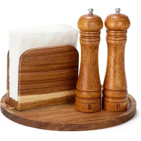 4 Pcs Rustic Farmhouse Decor Set Acacia Wooden Napkin Holder Salt and Pepper Shakers and 12" Round Wood Tray Spice Rack Table Tray for Kitchen Countertop Dining Table Centerpieces(Brown) in Kuwait