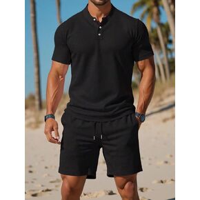 Men's 2-Piece Regular Fit Polo Shirt & Drawstring Shorts Set, Simple Casual Summer Set in Kuwait