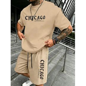 Men's 2 Piece Graphic Print Short Sleeve T Shirt Drawstring Shorts Matching Set with Pockets Summer Workout Tracksuits in Kuwait