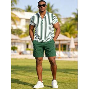 Men's Striped Henley Shirt & Solid Shorts Set, 2 Piece Casual Summer Beach Outfits for Men in Kuwait