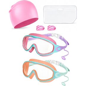 Kids Swim Goggles 2 Pack with Swim Cap, Anti Fog UV Protection Wide View Youth Swim Goggles for Boys Girls 6-14 in Kuwait