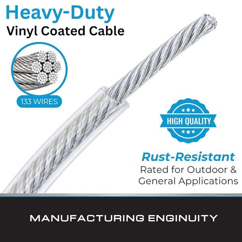 Tie Down 1/4" Core, 5/16" OD Clear Vinyl-Coated 7x19 Galvanized Steel Aircraft Cable – 200 ft Spool | Strong & Flexible Wire Rope for Railings & Outdoor Lighting in Kuwait