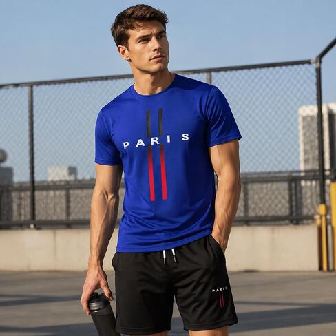 Men's Short Sleeve T-Shirt & Shorts Set, Paris Print, Round Neck, Drawstring, 100% Polyester Casual Outfit in Kuwait