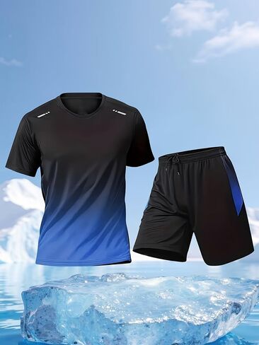 Men's Workout Sets Athletic Quick Dry 2 Piece Outfits Short Sleeve and Shorts Breathable Sports Running Tracksuit for Gym in Kuwait