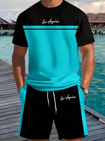 Men's 2 Piece Summer Tracksuits Color Block Short Sleeve T Shirt Drawstring Shorts Matching Sets Workout Outfits in Kuwait