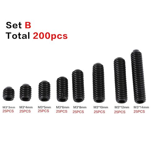 200Pcs M3 Set Screw, Carbon Steel Socket Cup Screw Kit, 8 Common Sizes Headless Hex Socket Screws Set for Fastening and Connecting Objects, Black Flat End in Kuwait