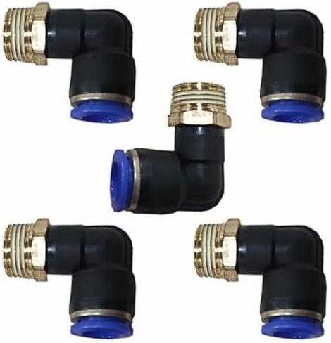 5-Piece 3/8" OD x 3/8" NPT Push-to-Connect Brass & Plastic Pneumatic Elbow Fittings, 150 PSI Rated, Swivel Design in Kuwait