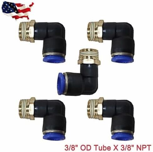 5-Piece 3/8" OD x 3/8" NPT Push-to-Connect Brass & Plastic Pneumatic Elbow Fittings, 150 PSI Rated, Swivel Design in Kuwait