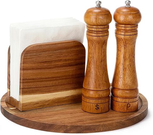 4 Pcs Rustic Farmhouse Decor Set Acacia Wooden Napkin Holder Salt and Pepper Shakers and 12" Round Wood Tray Spice Rack Table Tray for Kitchen Countertop Dining Table Centerpieces(Brown) in Kuwait