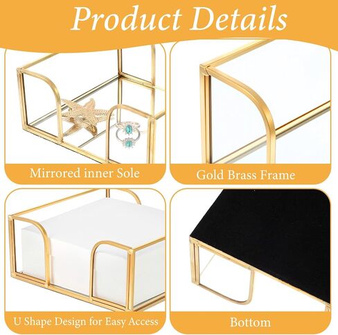 Gold Napkin Holder for Table, Elegant Glass and Iron Cocktail Napkin Dispenser with Mirror Bottom for Kitchen Counter, Dining Table, Party Bar Decor - Holds 5x5 Inch Napkins in Kuwait