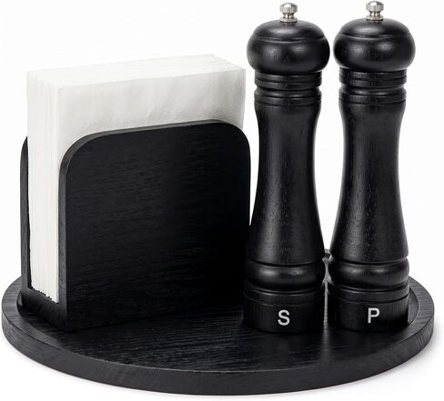 4 Pcs Rustic Farmhouse Decor Set Acacia Wooden Napkin Holder Salt and Pepper Shakers and 12" Round Wood Tray Spice Rack Table Tray for Kitchen Countertop Dining Table Centerpieces(Brown) in Saudi Arabia