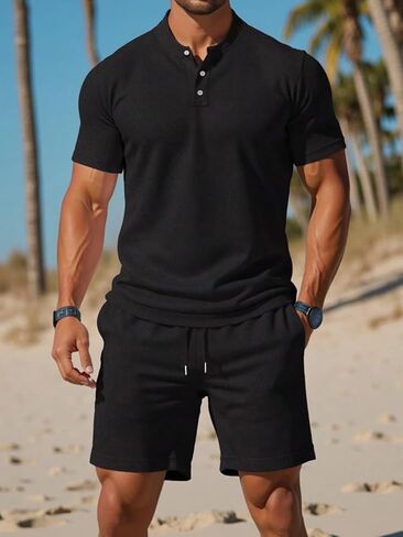 Men's 2-Piece Regular Fit Polo Shirt & Drawstring Shorts Set, Simple Casual Summer Set in Kuwait