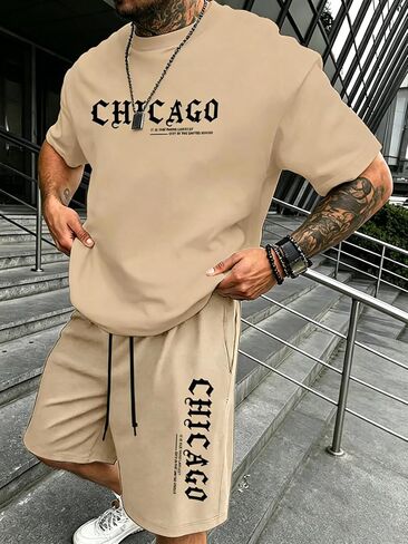 Men's 2 Piece Graphic Print Short Sleeve T Shirt Drawstring Shorts Matching Set with Pockets Summer Workout Tracksuits in Kuwait