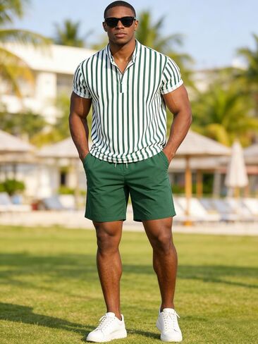 Men's Striped Henley Shirt & Solid Shorts Set, 2 Piece Casual Summer Beach Outfits for Men in Kuwait
