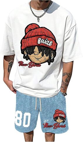 VIPWOLF Men's 2 Piece Outfits Graphic Tees Short Sleeve and Vintage Drawstring Shorts Set Streetwear Y2k Summer Clothes in Kuwait