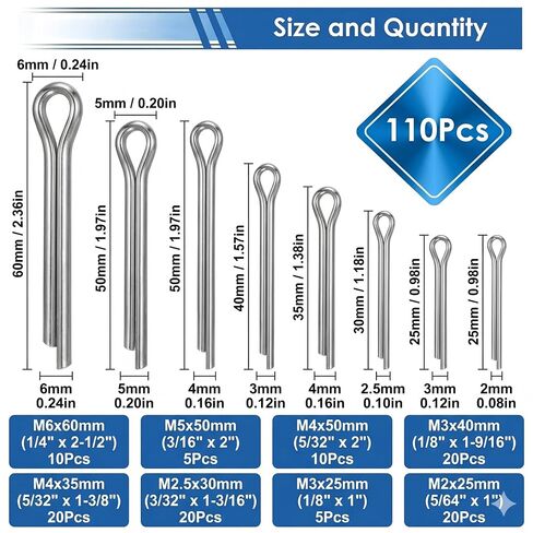 110 PCS Heavy Duty Cotter Pin Assortment Kit, 8 Popular Sizes Used for Hitch Pin Lock System, Trucks, Engine Repair in Towing Hitch Clips & Pins in Kuwait